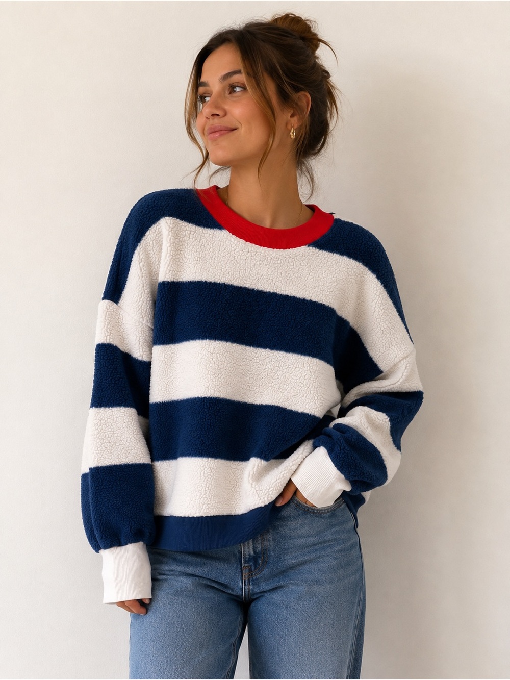 Maeve Coastal Grandmother Sherpa Striped Pullover Sweatshirt Navy Cream Red M